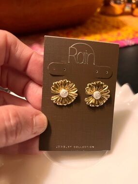 Rain Gold Floral Stud Earrings with Sparkling Centers